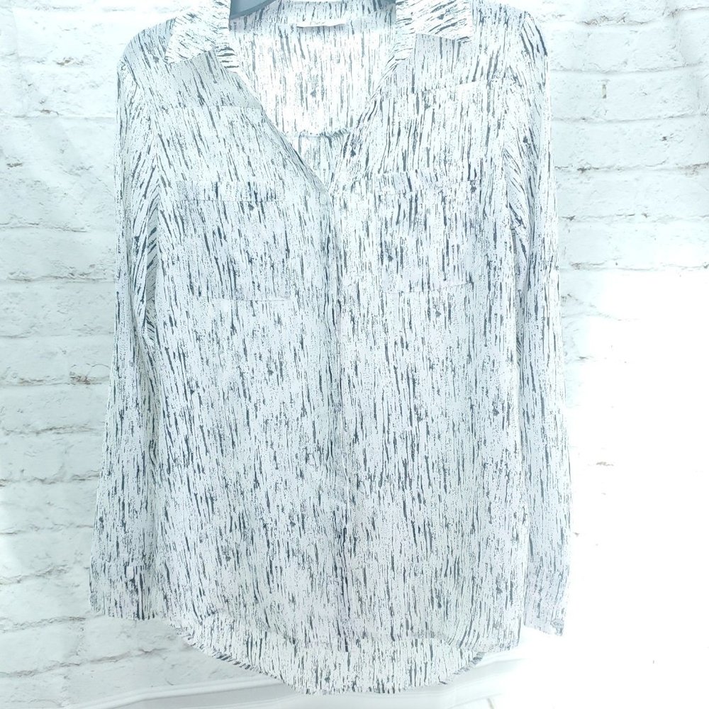 Dex Womens White Abstract Long Sleeve Pockets Collared Button-Up Shirt Size S